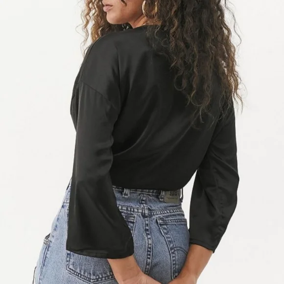 Urban Outfitters Black Satin Tie Front Nicole Blouse Flare Sleeve Deep V Size S - Picture 2 of 14